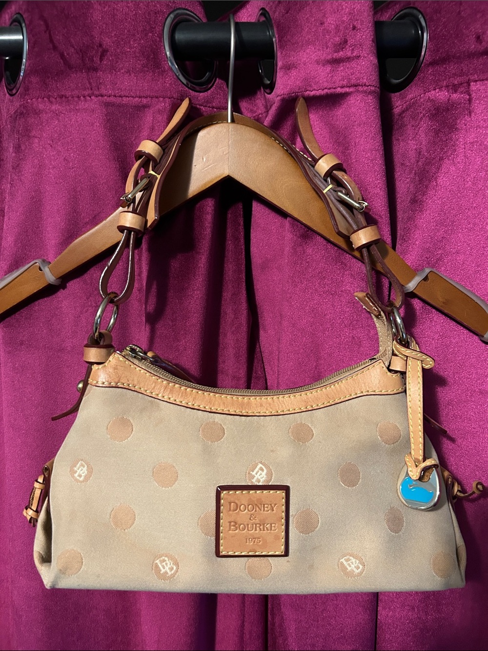 Dooney & Bourke Tan Polka Dot Shoulder Bag with Leather Trim
